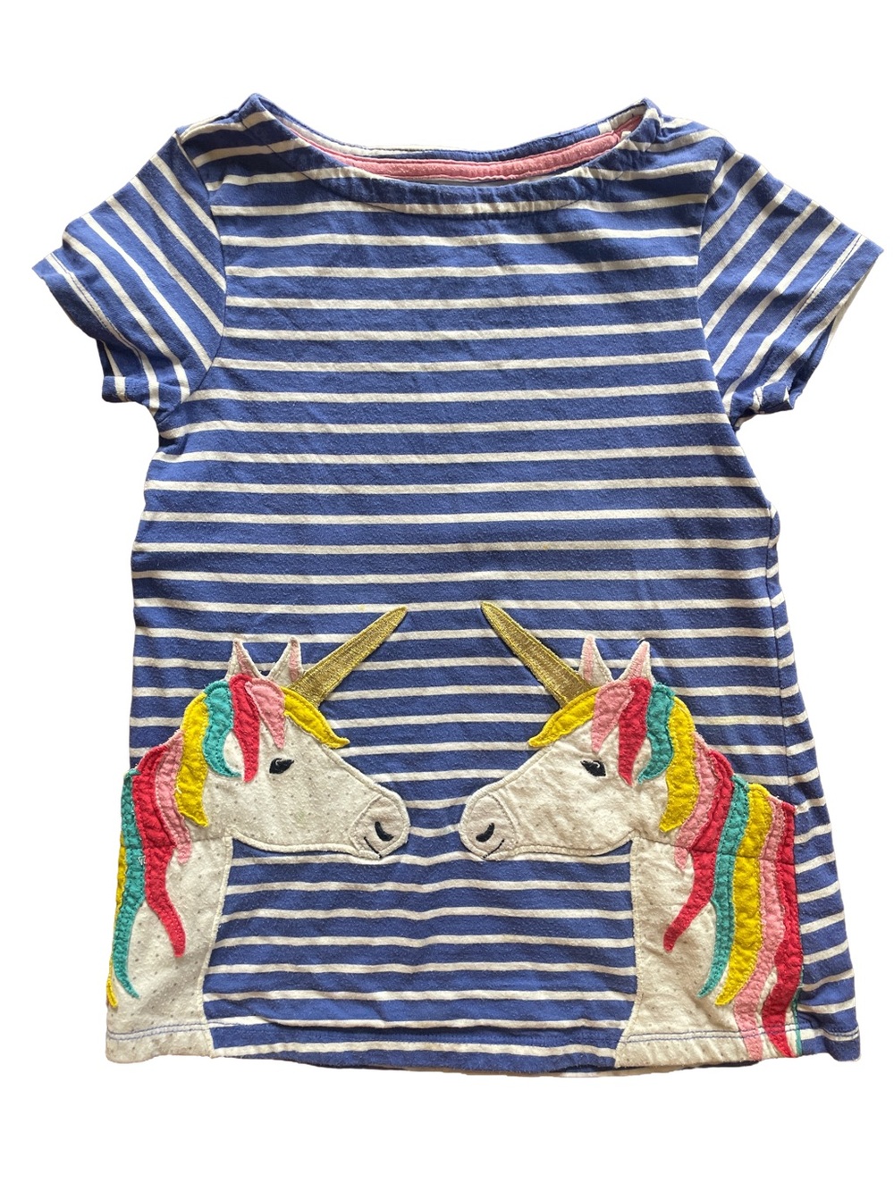 Mini Boden Blue & White Striped Unicorn Dress with Rainbow Appliqués
